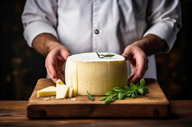 Une personne coupant du fromage sur une planche à découper Un agriculteur ou un chef fait une tranche de fromage