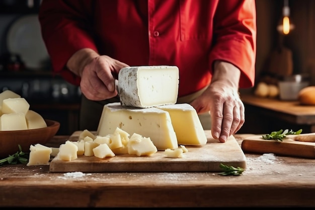 Une personne coupant du fromage sur une planche à découper Un agriculteur ou un chef fait une tranche de fromage