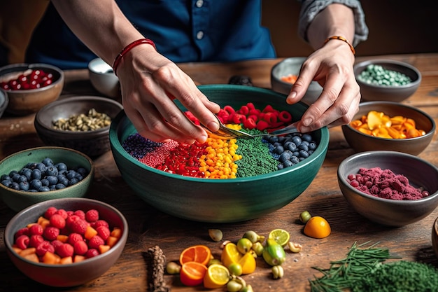 Une personne coupant des fruits de couleur arc-en-ciel dans un bol