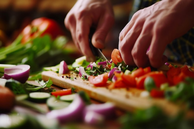 une personne coupant des légumes avec un couteau sur une planche à couper