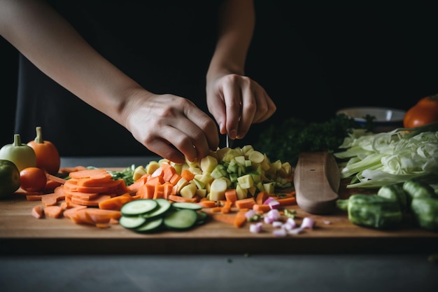 Une personne coupant des légumes sur une planche à découper