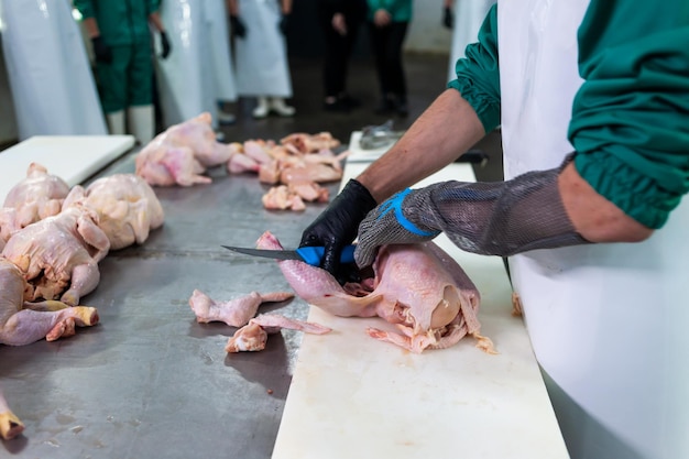 Une personne coupant un poulet sur une table