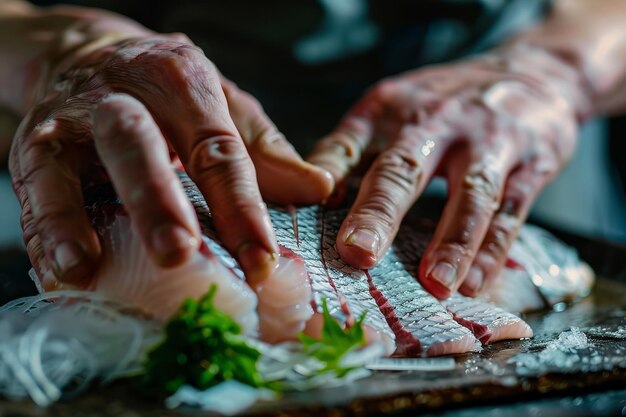 Une personne coupe du poisson avec ses mains.