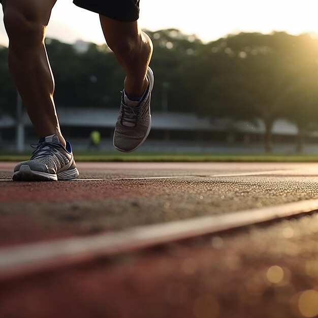 une personne courant sur une piste avec le soleil derrière elle.