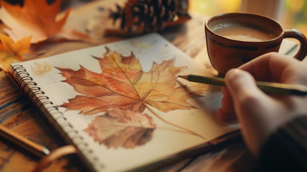 Photo personne créant un dessin en feuille d'érable dans un carnet de notes sur une table en bois à côté d'une tasse de café