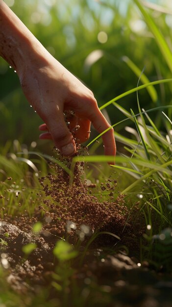 Une personne creuse de la terre dans l'herbe