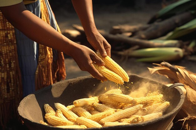 une personne cuisinant du maïs sur un gril avec du maïs dans la coque