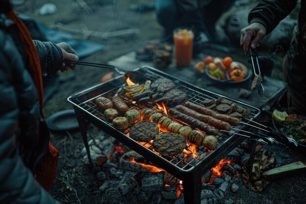 Une personne cuisinant des hamburgers et des hot-dogs sur un gril