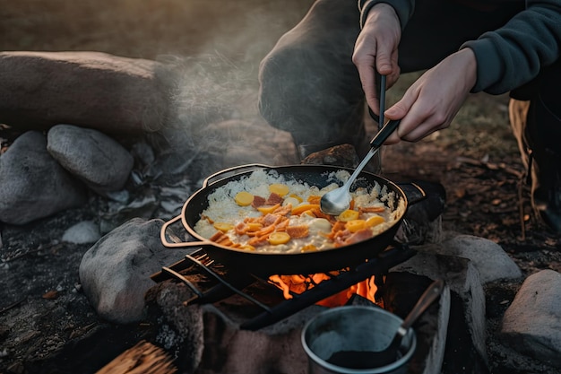 Personne cuisinant un repas chaud d'œufs brouillés et de bacon sur un réchaud de camping créé avec une IA générative