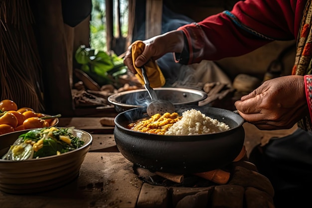 Personne cuisinant un repas colombien authentique avec des ingrédients et des épices visibles créés avec générative