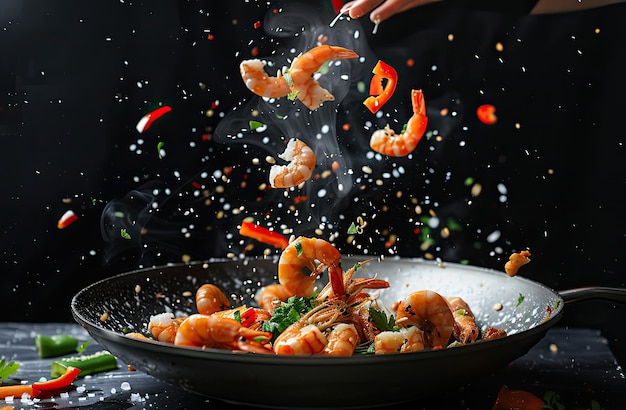 une personne cuit des crevettes dans une casserole avec des crevetes et des crevètes