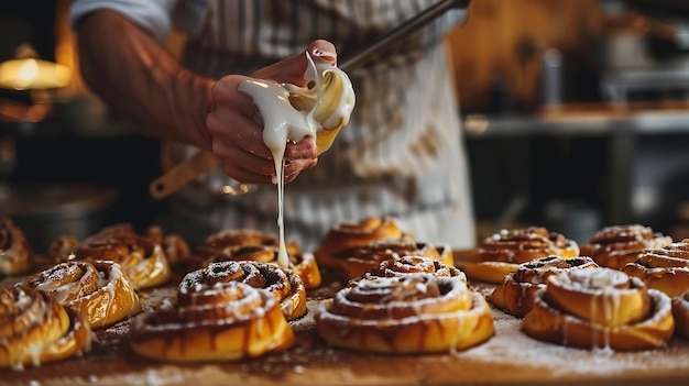 une personne cuit des rouleaux de cannelle avec un couteau et un couteaux