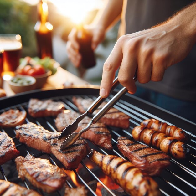 Photo une personne cuit de la viande sur un gril avec un verre de bière