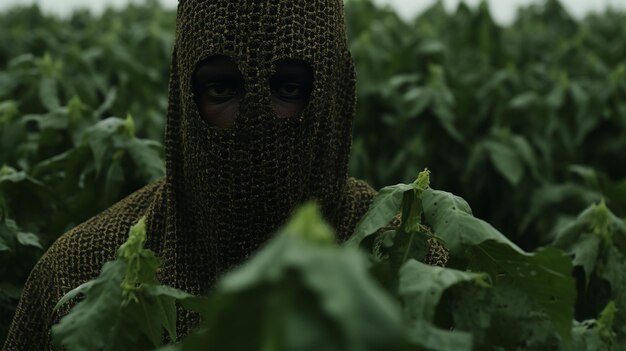 Photo une personne dans un champ avec un masque sur le visage.