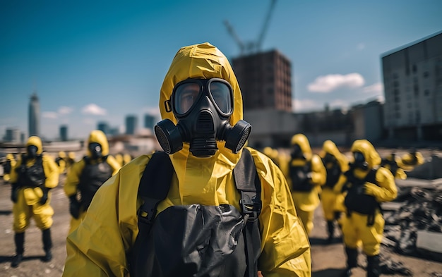 Photo une personne dans une combinaison de protection chimique contre les radiations avec un avertissement radioactif manipulant des produits chimiques