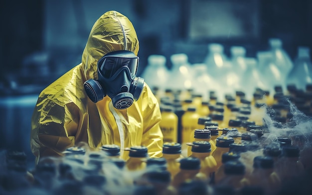 Photo une personne dans une combinaison de protection chimique contre les radiations avec un avertissement radioactif manipulant des produits chimiques