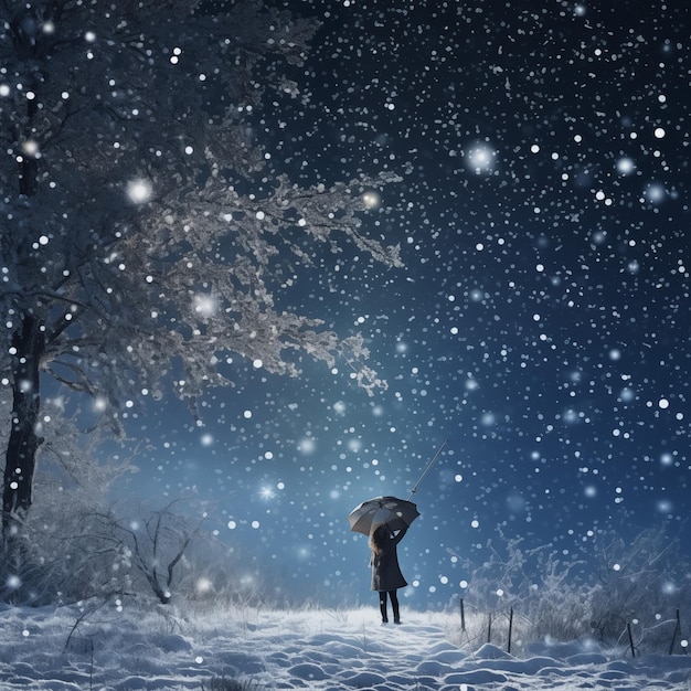 Photo personne dans la forêt d'hiver la nuit avec la neige qui tombe et les flocons de neige qui tombent