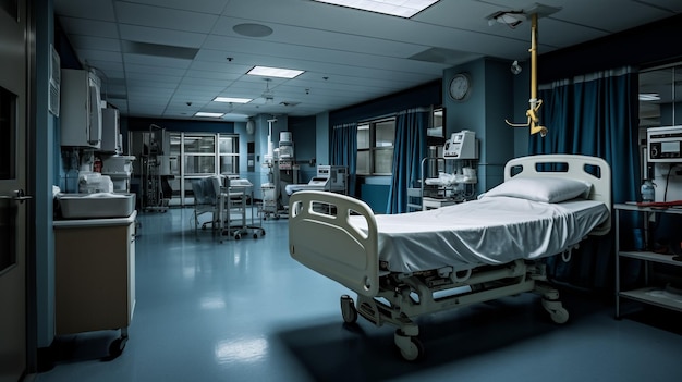 Personne dans un lit d'hôpital dans une salle clinique sur un plancher moderne avec un lit confortable, un moniteur, un équipement médical, une technologie utilisée pour le traitement des maladies, des maladies, de la chirurgie, de la récupération des blessures.