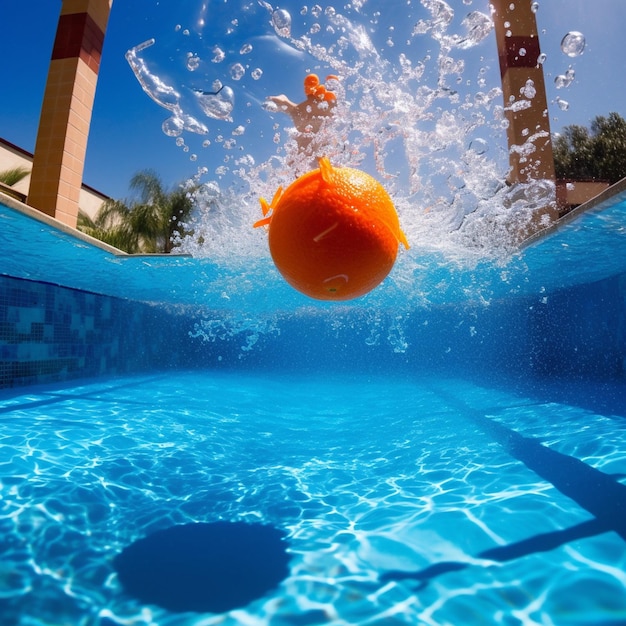 Une personne dans une piscine avec une orange dans l'eau