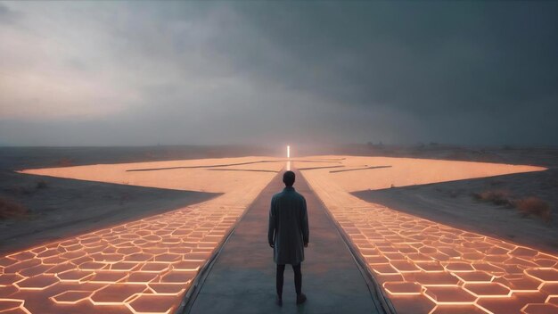 Une personne debout au milieu du ciel circuit de lumière hexagonal dans des couleurs sombres