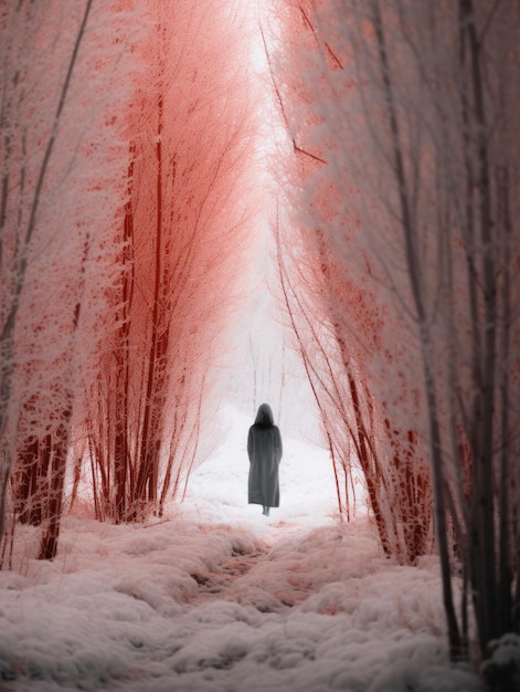 une personne debout au milieu d’une forêt avec des arbres rouges
