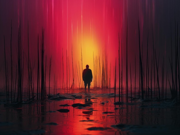 une personne debout au milieu d'une forêt au coucher du soleil