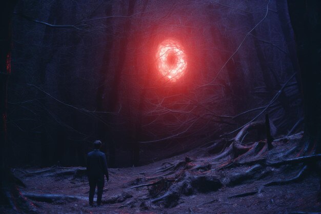 Photo une personne debout au milieu d'une forêt sombre