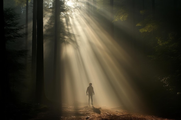 une personne debout au milieu d'une forêt sombre