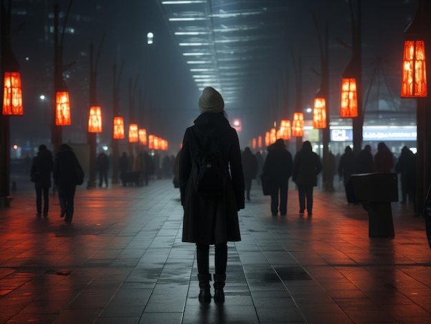 une personne debout au milieu d'une ville la nuit