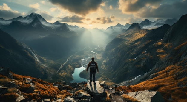 Une personne debout au sommet d'une montagne au coucher du soleil vue sur la montagne