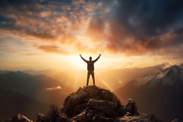 Une personne debout au sommet d'une montagne les bras levés en triomphe symbolisant l'exaltation et la réussite de surmonter les défis émotionnels