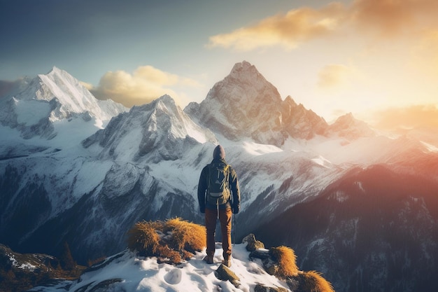 Photo personne debout au sommet d'une montagne enneigée avec des vues incroyables concept de voyage