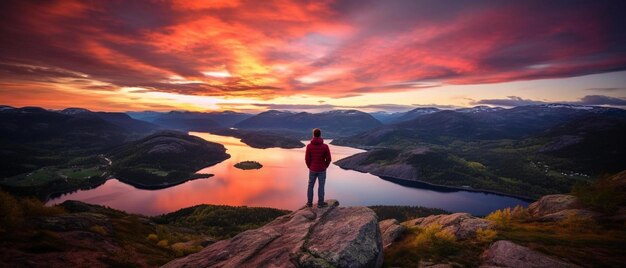 Photo une personne debout au sommet d'une montagne surplombant un lac