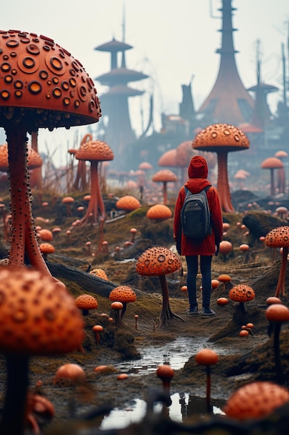 une personne debout dans un champ de champignons