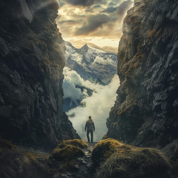 une personne debout dans un chemin rocheux entre deux grands rochers
