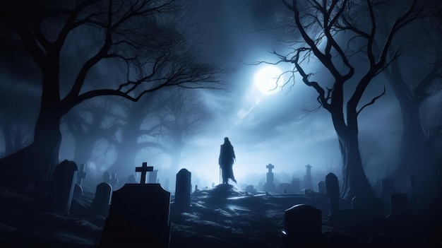 Une personne debout dans un cimetière la nuit image IA générative