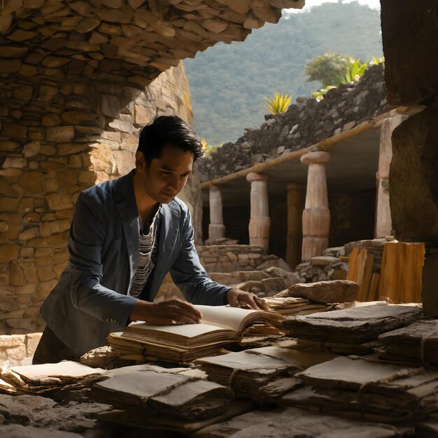 Photo une personne debout dans une grotte avec une pile de livres