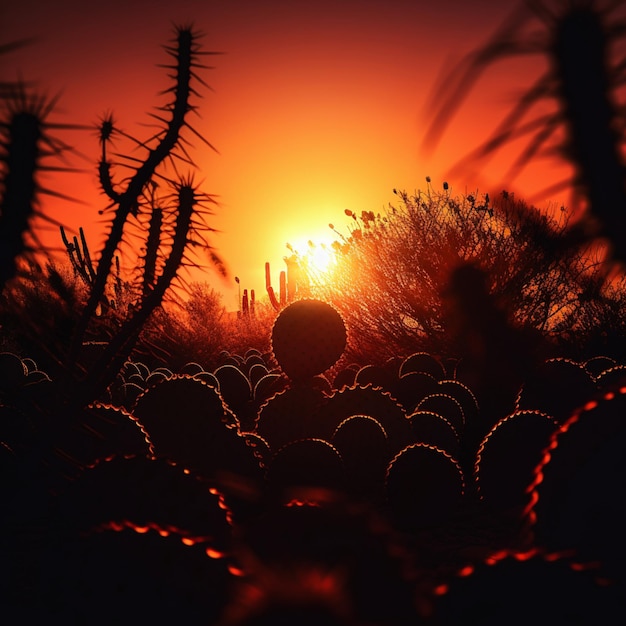 Une personne debout devant un cactus avec le soleil se couchant derrière elle.