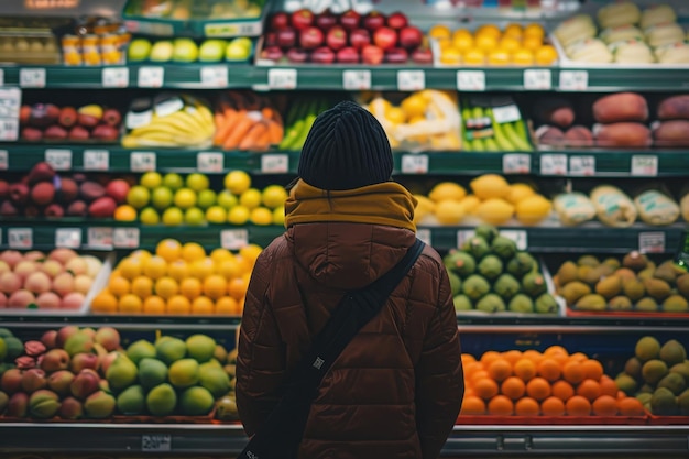 une personne debout devant des étagères de fruits dans un magasin