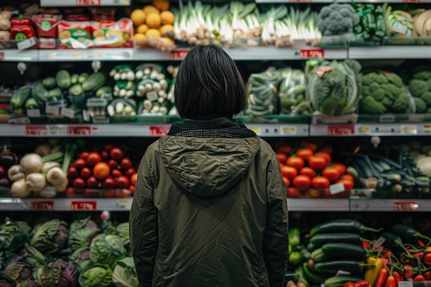 une personne debout devant des étagères de légumes dans un magasin