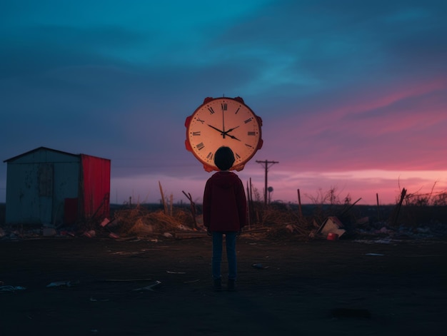 Une personne debout devant une grande horloge