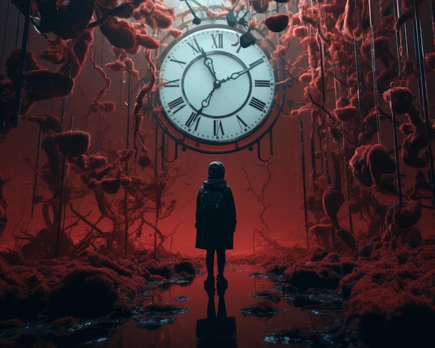 une personne debout devant une horloge dans une pièce sombre