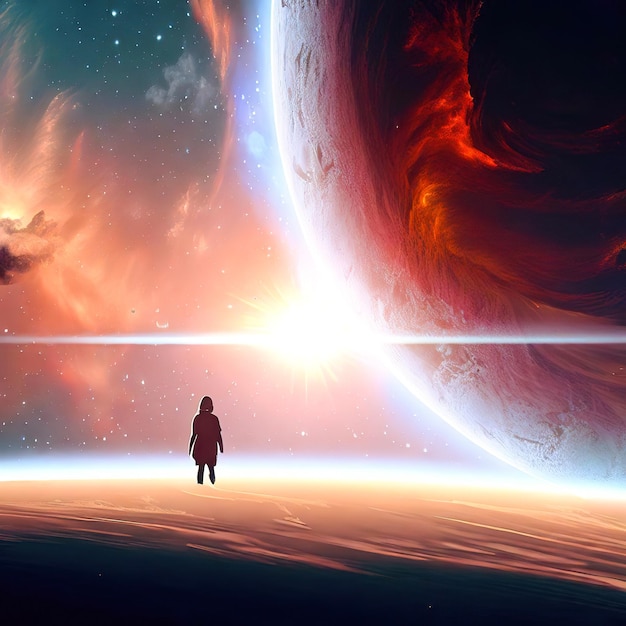 Une personne debout devant une planète avec le soleil derrière elle.