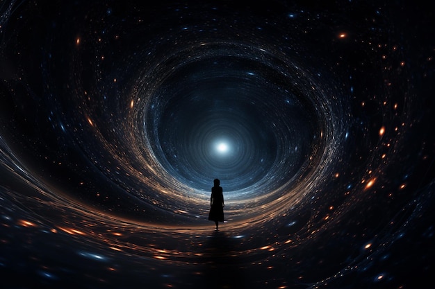 une personne debout devant un trou noir