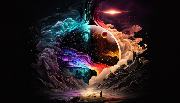 Une personne debout devant un univers coloré