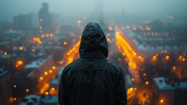 Personne debout devant la ville la nuit