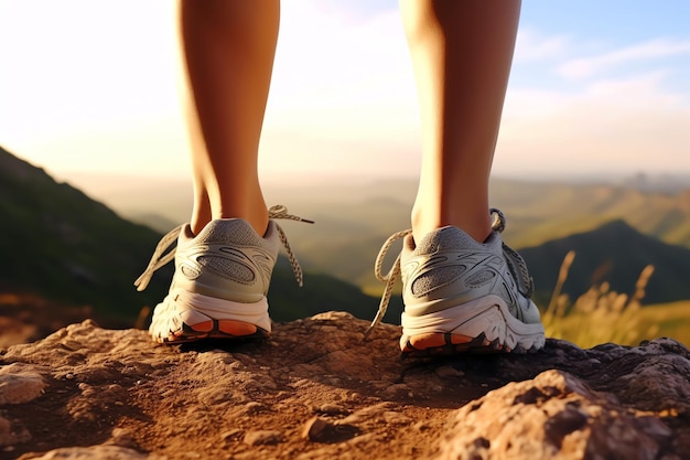 Une personne debout sur une falaise sans chaussures et le mot vtt en bas.