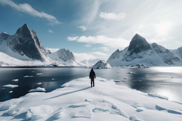 Personne debout sur un fjord gelé entouré d'imposants sommets enneigés