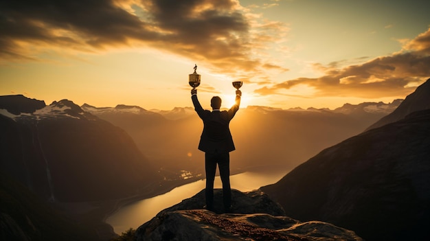 Une personne debout sur une montagne avec les bras levés