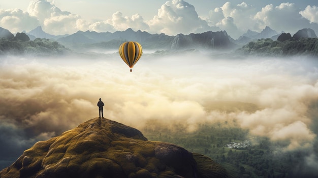 une personne debout sur une montagne avec une montgolfière au-dessus